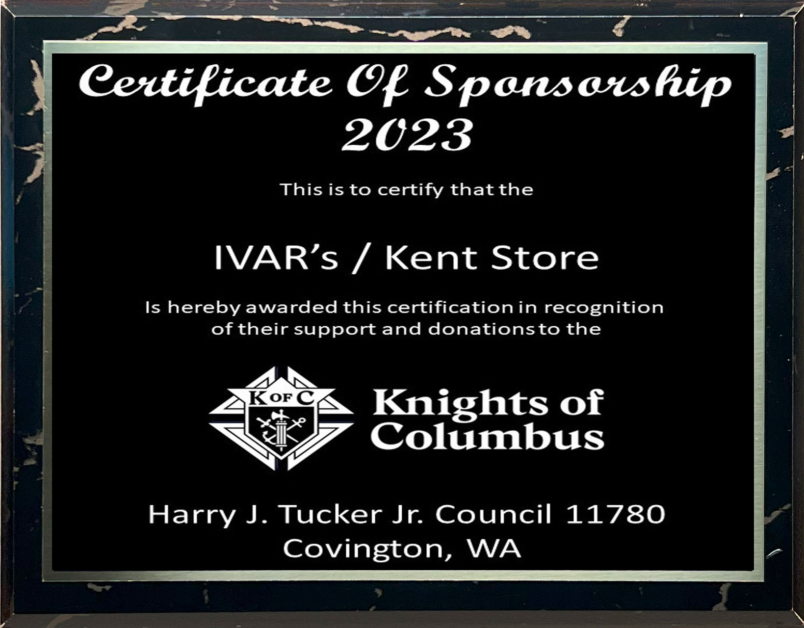 KOFC Harry tucker Council 11780 certificate of appreciation presentation to Ivar's Restaurants - Kent